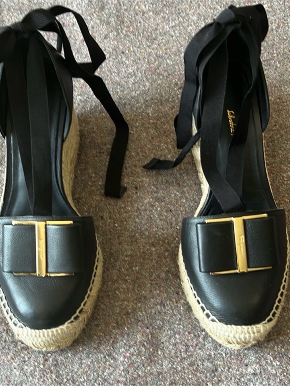 Salvatore Ferragamo Black Leather Geranio Espadrille Wedges with Ribbon Tie - Picture 2 of 10